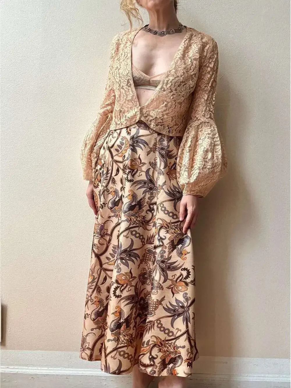 Vintage Batik Print Silk Midi Length Full Skirt